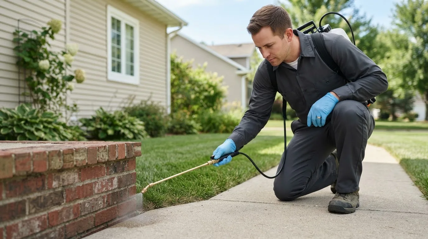 Pest control technician treating a home near Montgomery, MI