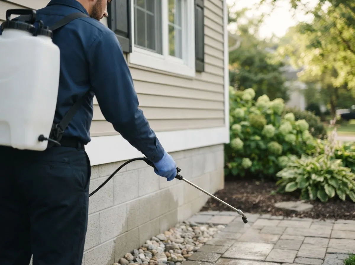 Pest control technician inspecting a home in Montgomery, MI